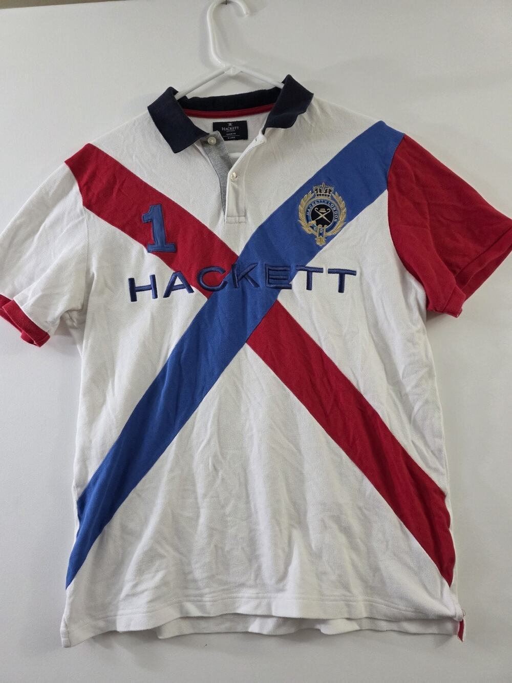Hackett London Polo Shirt Mens Size XL Embroidered Red White Blue Patch 1